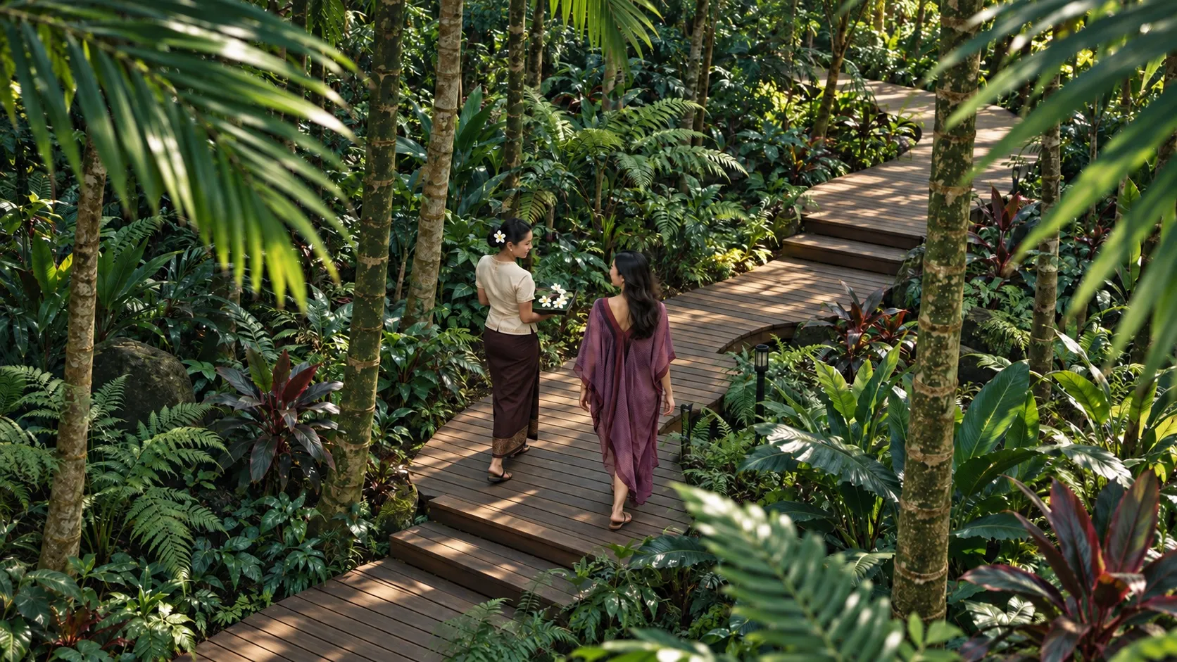 Two women walking down timber steps through a rainforest garden