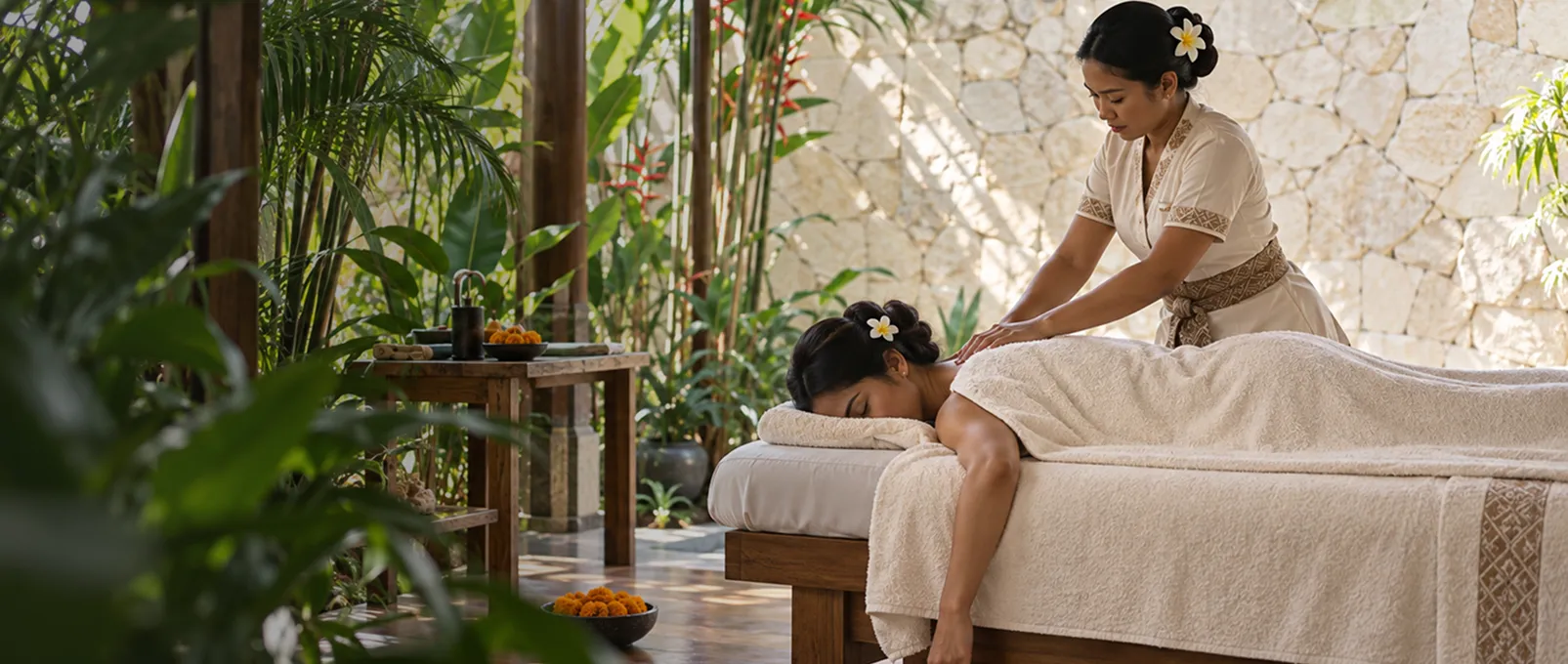 Therapist giving a massage in an open-air pavilion surrounded by tropical plants