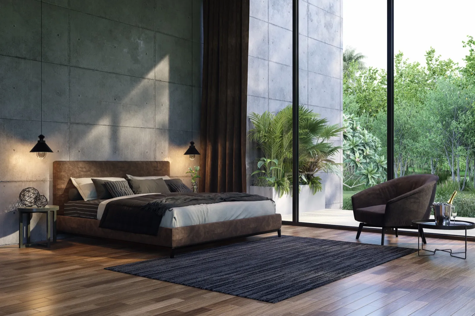 Bedroom with concrete walls, pendant lamps and full-height glass