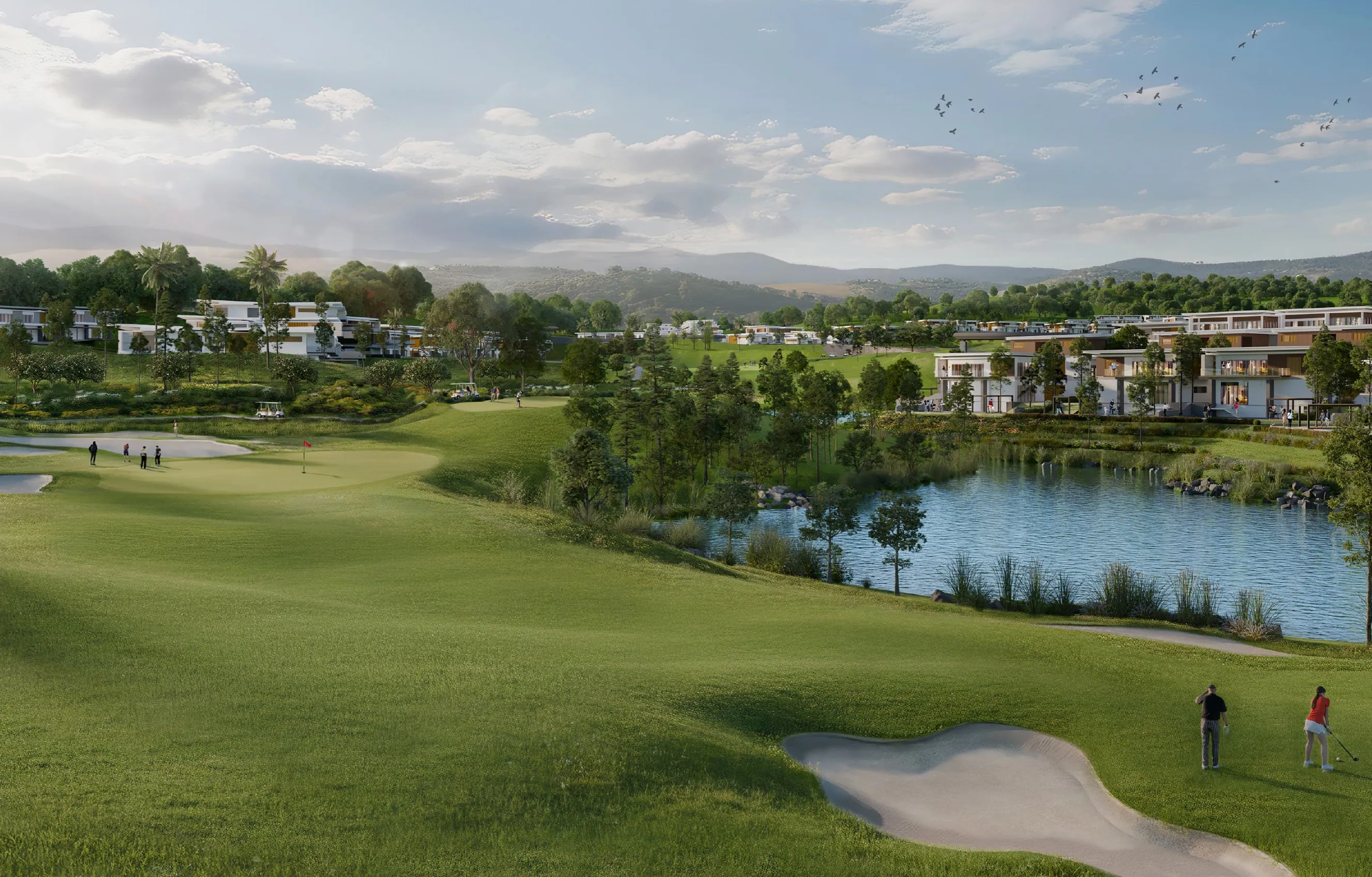 The estate's fairways, lake and villas under a wide sky, with golfers on the green