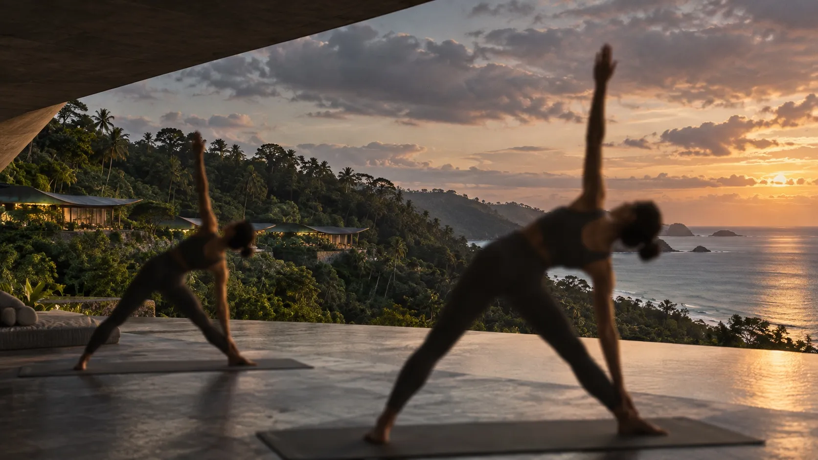 Two women in triangle pose on a terrace above the sea at sunset